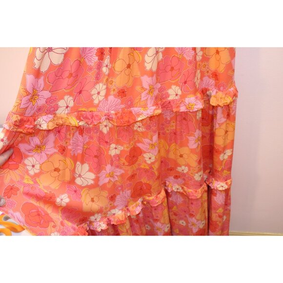 Abel The Label M Floral Ruffled Tiered Maxi Dress Boho Flower Power Orange Pink - Picture 7 of 7